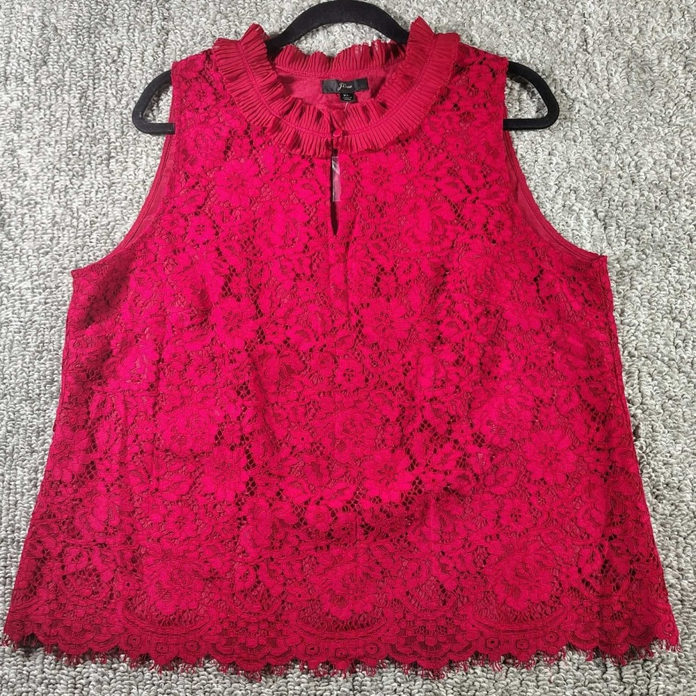 J.Crew Lace Top Red Ruffle Neck Keyhole Sleeveless Romantic Coquette Women XL